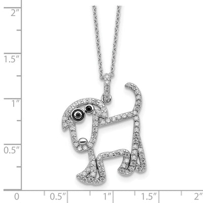 Cheryl M Sterling Silver Rhodium-plated Polished and Enameled Black and White CZ Dog with Extension Necklace, 18 x 21.5mm