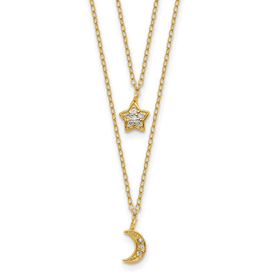 Cheryl M Sterling Silver Gold-plated Polished 2-Strand CZ Moon and Star with Extension Necklace