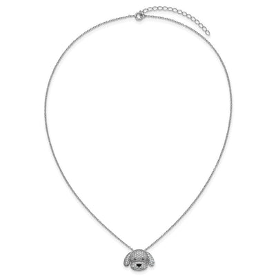 Cheryl M Sterling Silver Rhodium-plated Polished and Enameled Black and White CZ Dog with Extension Necklace, 18 x 13mm