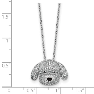Cheryl M Sterling Silver Rhodium-plated Polished and Enameled Black and White CZ Dog with Extension Necklace, 18 x 13mm