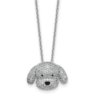 Cheryl M Sterling Silver Rhodium-plated Polished and Enameled Black and White CZ Dog with Extension Necklace (Style QCM1919-16)