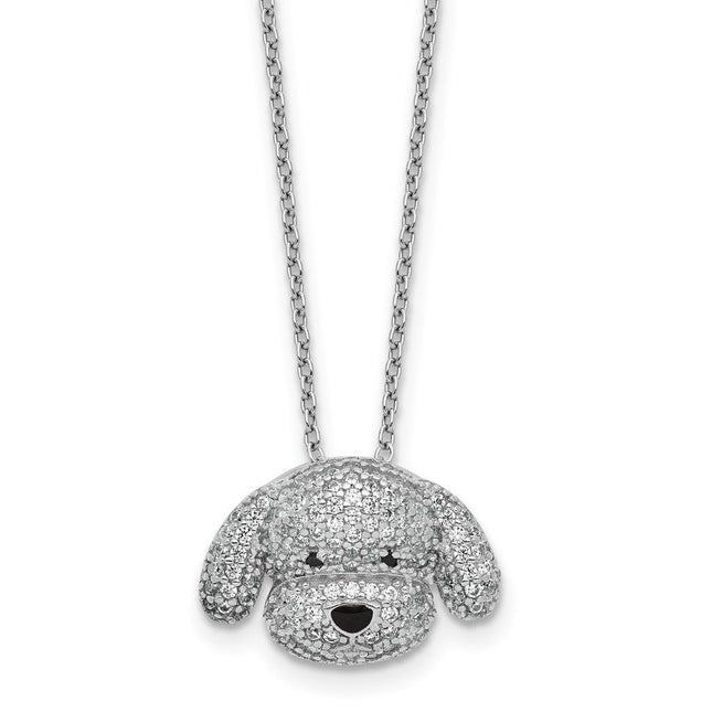 Cheryl M Sterling Silver Rhodium-plated Polished and Enameled Black and White CZ Dog with Extension Necklace, 18 x 13mm