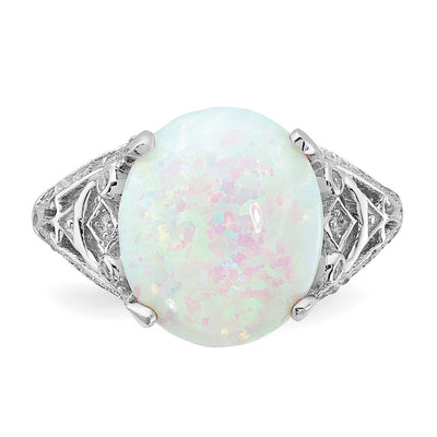 Cheryl M Sterling Silver Rhodium-plated Polished Oval Lab Created Opal and CZ Ring