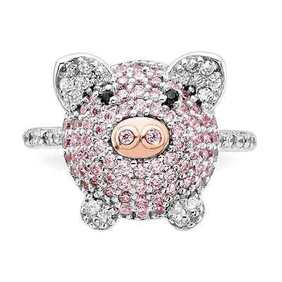 Cheryl M Sterling Silver Rhodium and Rose Gold-plated Polished Multicolor CZ Pig Ring