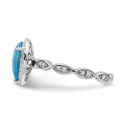 Cheryl M Sterling Silver Rhodium-plated Polished Blue Lab Created Opal and CZ Teardrop Halo Ring