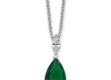 Cheryl M Sterling Silver Rhodium-plated Polished CZ and Green Glass Teardrop Necklace (Style QCM1958-18)