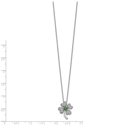 Cheryl M Sterling Silver Rhodium-plated Brilliant-cut Green Glass and Brilliant-cut White CZ Four Leaf Clover Necklace, 18 x 15mm