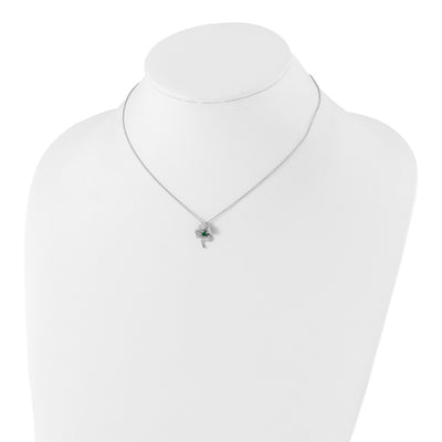 Cheryl M Sterling Silver Rhodium-plated Brilliant-cut Green Glass and Brilliant-cut White CZ Four Leaf Clover Necklace, 15 x 12mm