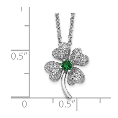 Cheryl M Sterling Silver Rhodium-plated Brilliant-cut Green Glass and Brilliant-cut White CZ Four Leaf Clover Necklace, 15 x 12mm