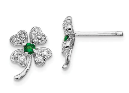 Cheryl M Sterling Silver Rhodium-plated Brilliant-cut Green Glass and Brilliant-cut White CZ Four Leaf Clover Necklace (Style QCM369)