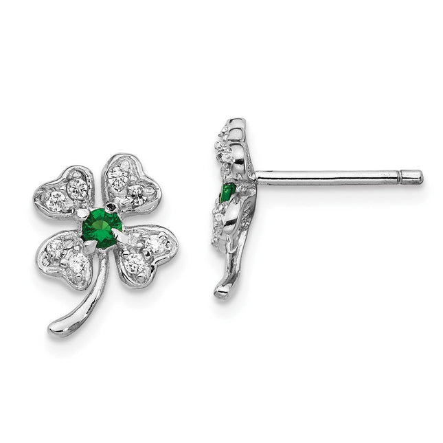 Cheryl M Sterling Silver Rhodium-plated Brilliant-cut Green Glass and Brilliant-cut White CZ Four Leaf Clover Necklace, 11 x 9mm