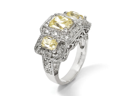 Cheryl M Sterling Silver Rhodium-plated Yellow Radiant-cut and White Brilliant-cut CZ 3 Stone Ring