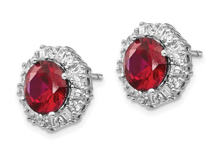 Cheryl M Sterling Silver Rhodium-plated Brilliant-cut Lab Created Ruby and Brilliant-cut/Baguette-cut White CZ Post Earrings (Style QCM472)