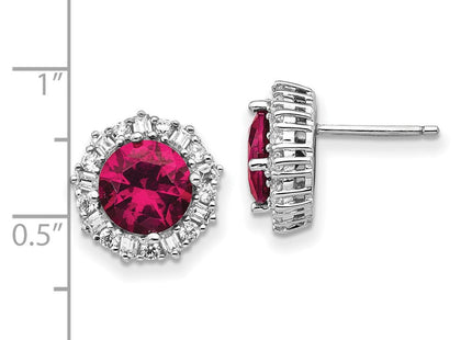 Cheryl M Sterling Silver Rhodium-plated Brilliant-cut Lab Created Ruby and Brilliant-cut/Baguette-cut White CZ Post Earrings (Style QCM472)