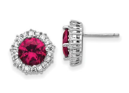 Cheryl M Sterling Silver Rhodium-plated Brilliant-cut Lab Created Ruby and Brilliant-cut/Baguette-cut White CZ Post Earrings (Style QCM472)