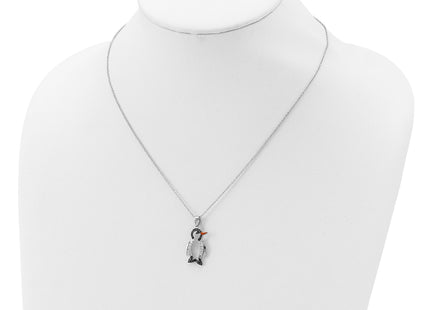 Cheryl M Sterling Silver Rhodium-plated with Black Rhodium Accent Enameled Brilliant-cut Black and White CZ Penguin Neck