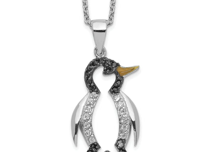 Cheryl M Sterling Silver Rhodium-plated with Black Rhodium Accent Enameled Brilliant-cut Black and White CZ Penguin Neck