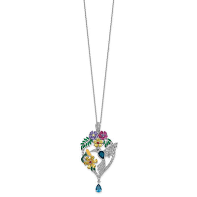 Cheryl M Sterling Silver Rhodium-plated Enameled Multicolor Brilliant-cut Glass and CZ Floral Hummingbird Necklace