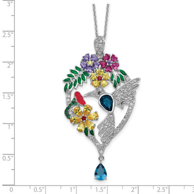 Cheryl M Sterling Silver Rhodium-plated Enameled Multicolor Brilliant-cut Glass and CZ Floral Hummingbird Necklace