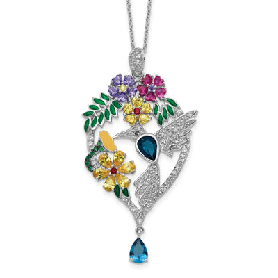 Cheryl M Sterling Silver Rhodium-plated Enameled Multicolor Brilliant-cut Glass and CZ Floral Hummingbird Necklace