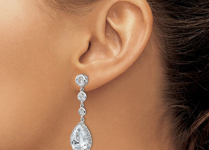 Cheryl M Sterling Silver Rhodium-plated Brilliant-cut CZ Bezel & Teardrop Halo Post Dangle Earrings (Style QCM653)
