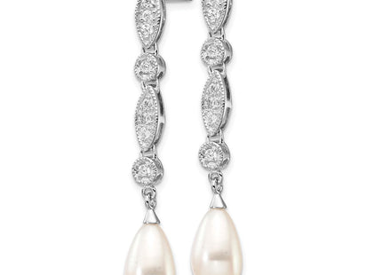 Cheryl M Sterling Silver Rhodium-plated Teardrop Freshwater Cultured Pearl and Brilliant-cut CZ Post Dangle Earrings (Style QCM711)