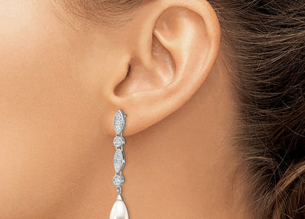 Cheryl M Sterling Silver Rhodium-plated Teardrop Freshwater Cultured Pearl and Brilliant-cut CZ Post Dangle Earrings (Style QCM711)