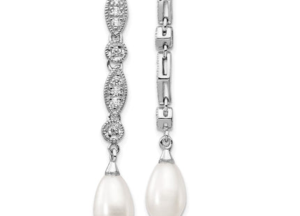 Cheryl M Sterling Silver Rhodium-plated Teardrop Freshwater Cultured Pearl and Brilliant-cut CZ Post Dangle Earrings (Style QCM711)