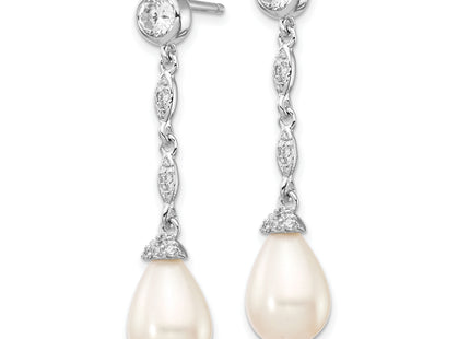Cheryl M Sterling Silver Rhodium-plated Teardrop Freshwater Cultured Pearl and Brilliant-cut CZ Post Dangle Earrings, 36