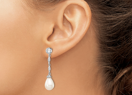 Cheryl M Sterling Silver Rhodium-plated Teardrop Freshwater Cultured Pearl and Brilliant-cut CZ Post Dangle Earrings, 36