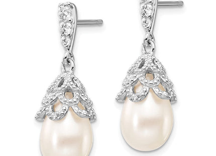 Cheryl M Sterling Silver Rhodium-plated Teardrop White Freshwater Cultured Pearl and Brilliant-cut CZ Post Dangle Earrings (Style QCM839)