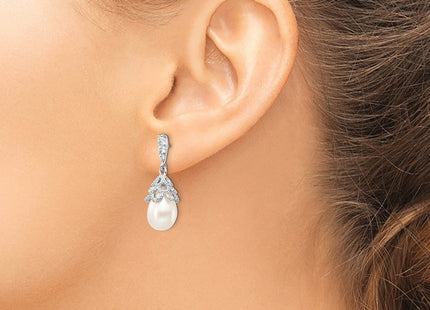 Cheryl M Sterling Silver Rhodium-plated Teardrop White Freshwater Cultured Pearl and Brilliant-cut CZ Post Dangle Earrings (Style QCM839)