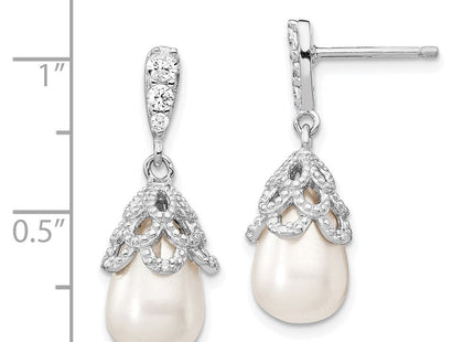 Cheryl M Sterling Silver Rhodium-plated Teardrop White Freshwater Cultured Pearl and Brilliant-cut CZ Post Dangle Earrings (Style QCM839)