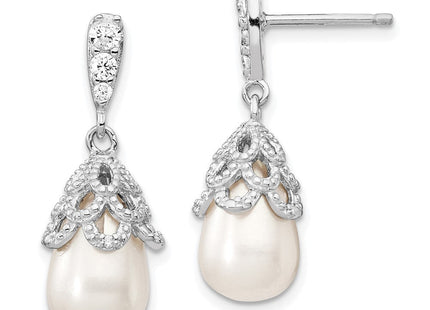 Cheryl M Sterling Silver Rhodium-plated Teardrop White Freshwater Cultured Pearl and Brilliant-cut CZ Post Dangle Earrings (Style QCM839)