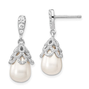 Cheryl M Sterling Silver Rhodium-plated Teardrop White Freshwater Cultured Pearl and Brilliant-cut CZ Post Dangle Earrings (Style QCM839)
