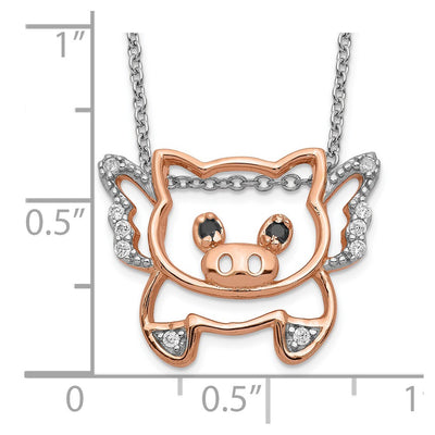 Cheryl M Sterling Silver Rose Gold-plated Brilliant-cut Black Glass and Brilliant-cut White CZ Flying Pig Necklace