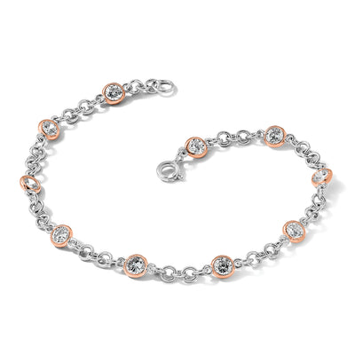 Cheryl M Sterling Silver Rhodium-plated and Rose Gold-plated Accent Brilliant-cut CZ Bezel 11 Station Bracelet
