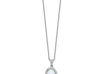 Cheryl M Sterling Silver Rhodium-plated Cabochon Lab Created Opal and Brilliant-cut CZ Oval Halo Necklace (Style QCM934-18)