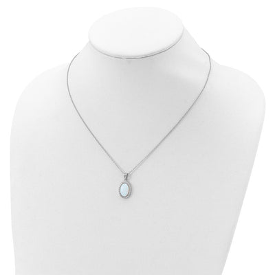 Cheryl M Sterling Silver Rhodium-plated Cabochon Lab Created Opal and Brilliant-cut CZ Oval Halo Necklace, 18 x 12mm