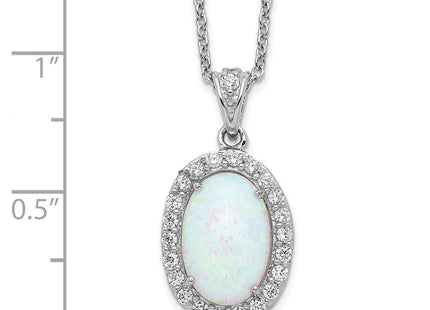 Cheryl M Sterling Silver Rhodium-plated Cabochon Lab Created Opal and Brilliant-cut CZ Oval Halo Necklace (Style QCM934-18)