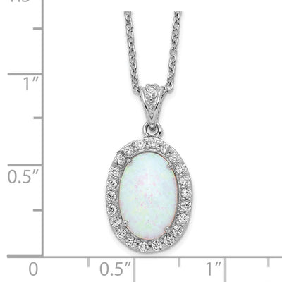 Cheryl M Sterling Silver Rhodium-plated Cabochon Lab Created Opal and Brilliant-cut CZ Oval Halo Necklace, 18 x 12mm