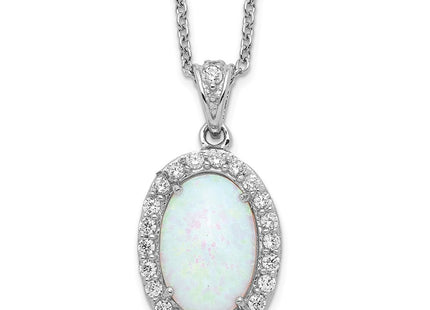 Cheryl M Sterling Silver Rhodium-plated Cabochon Lab Created Opal and Brilliant-cut CZ Oval Halo Necklace (Style QCM934-18)
