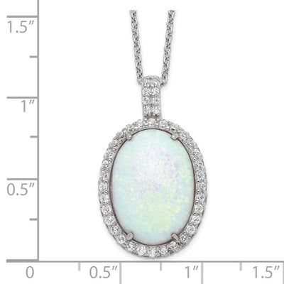 Cheryl M Sterling Silver Rhodium-plated Cabochon Lab Created Opal and Brilliant-cut CZ Oval Halo Necklace, 18 x 18mm