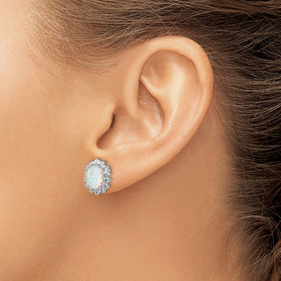 Cheryl M Sterling Silver Rhodium-plated Cabochon Lab Created Opal and Brilliant-cut CZ Oval Halo Post Earrings, 13 x 10mm