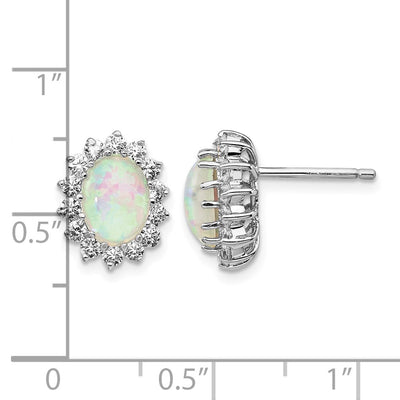 Cheryl M Sterling Silver Rhodium-plated Cabochon Lab Created Opal and Brilliant-cut CZ Oval Halo Post Earrings, 13 x 10mm