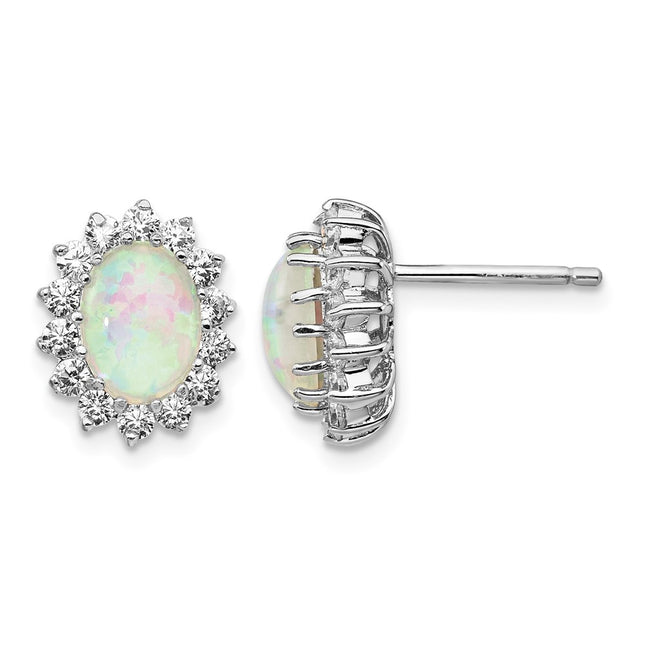 Cheryl M Sterling Silver Rhodium-plated Cabochon Lab Created Opal and Brilliant-cut CZ Oval Halo Post Earrings, 13 x 10mm