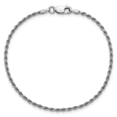 Sterling Silver Rhodium-plated Diamond-cut Rope Chain Anklet, 9 x 1.85mm