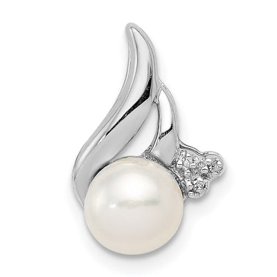 Sterling Silver Rhodium FW Cultured Pearl & Diamond Chain Slide, 15 x 10mm
