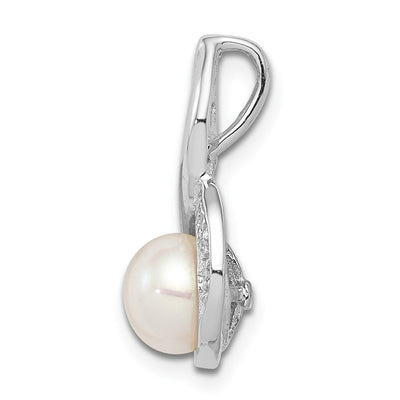 Sterling Silver Rhodium FW Cultured Pearl & Diamond Chain Slide, 18 x 9mm