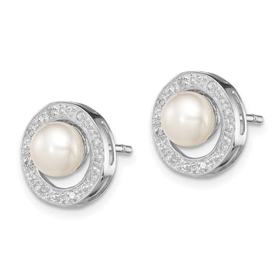 Sterling Silver Rhodium FW Cultured Pearl & Diamond Post Ear, 11 x 11mm